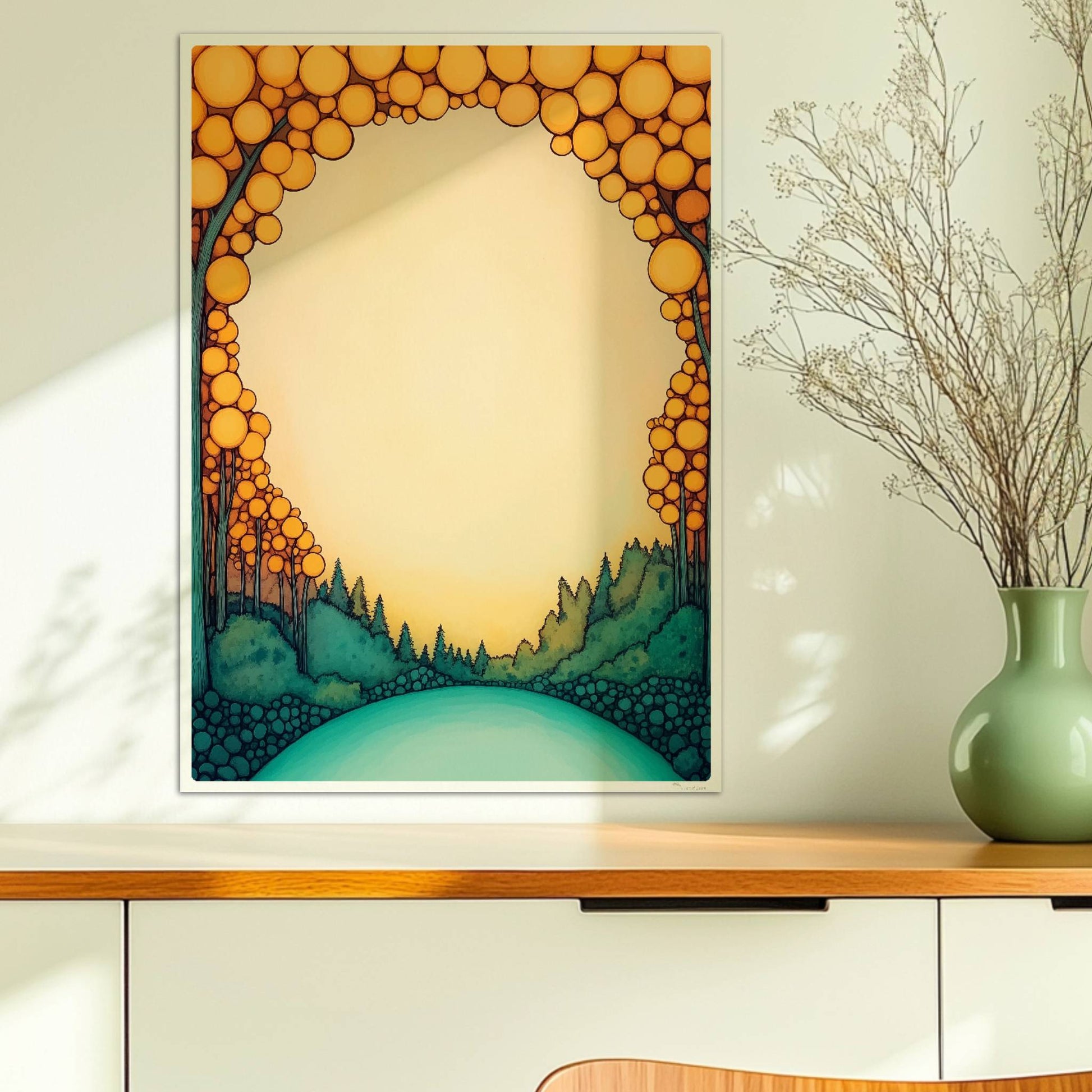 Runde Waldlandschaft in Pastelltönen, kreisförmig wie ein Mandala, mit stilisierten Bäumen und sanftem Farbverlauf.. Ohne Rahmen 50x70