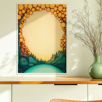 Runde Waldlandschaft in Pastelltönen, kreisförmig wie ein Mandala, mit stilisierten Bäumen und sanftem Farbverlauf.. Ohne Rahmen 50x70
