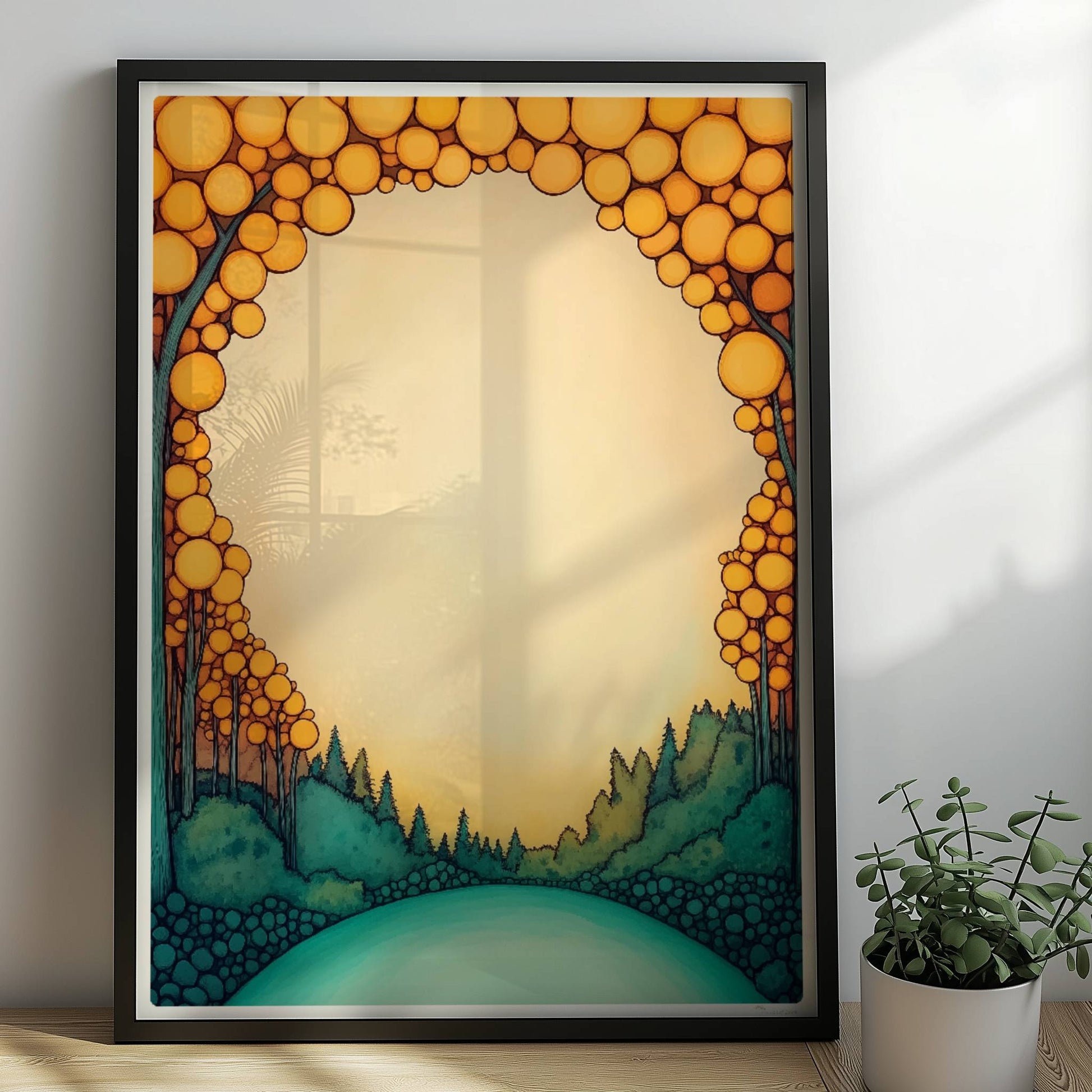 Runde Waldlandschaft in Pastelltönen, kreisförmig wie ein Mandala, mit stilisierten Bäumen und sanftem Farbverlauf.. Rahmen schwarz 50x70