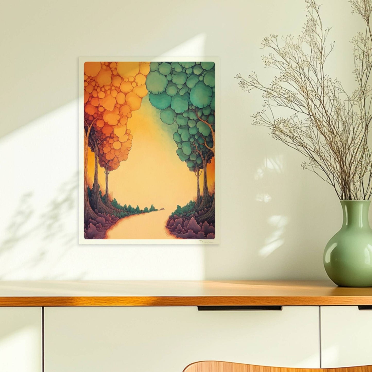 Dekorative Waldszene mit geometrischen Formen, sanften Pastellfarben und reduzierter Tiefe.. Ohne Rahmen 30x40