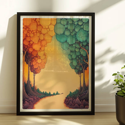 Dekorative Waldszene mit geometrischen Formen, sanften Pastellfarben und reduzierter Tiefe.. Rahmen schwarz 30x40