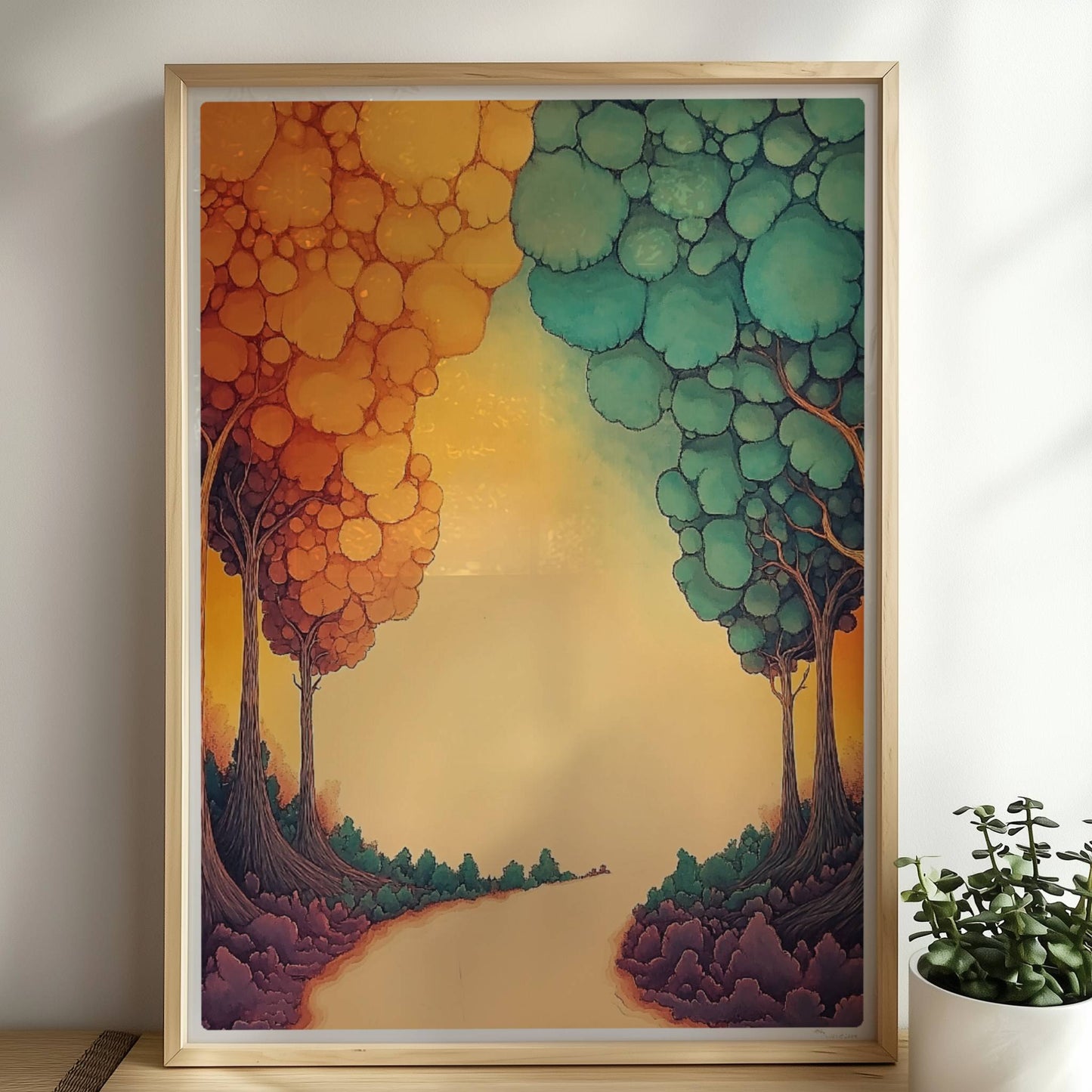 Dekorative Waldszene mit geometrischen Formen, sanften Pastellfarben und reduzierter Tiefe.. Rahmen natur 50x70
