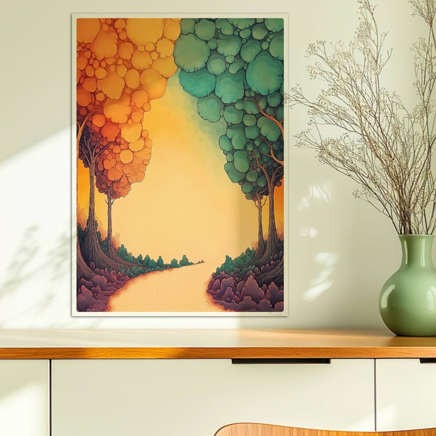 Dekorative Waldszene mit geometrischen Formen, sanften Pastellfarben und reduzierter Tiefe.. Ohne Rahmen 50x70