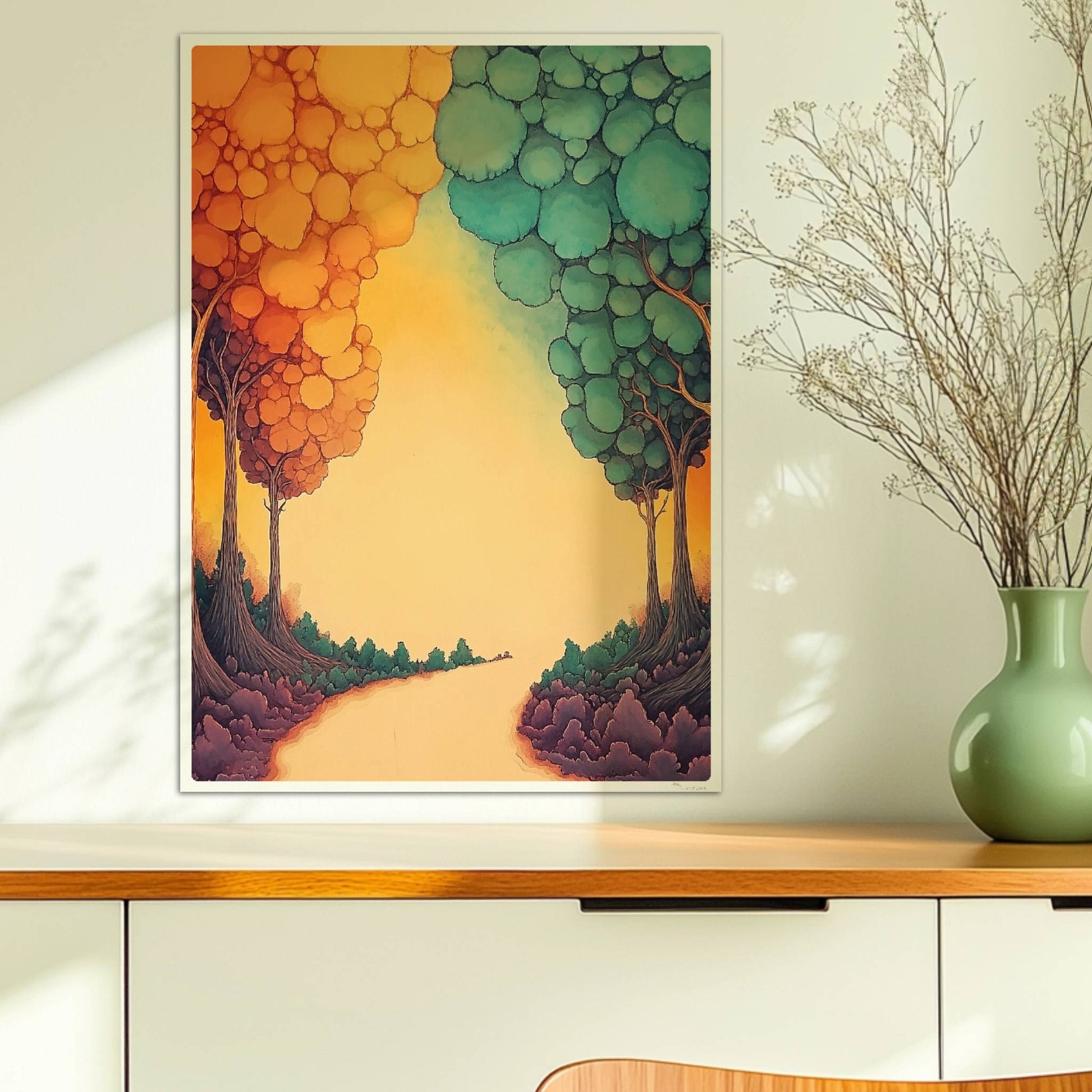 Dekorative Waldszene mit geometrischen Formen, sanften Pastellfarben und reduzierter Tiefe.. Ohne Rahmen 50x70