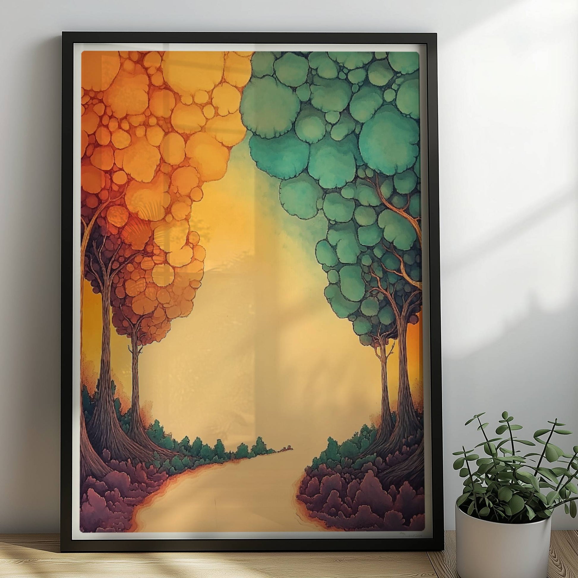 Dekorative Waldszene mit geometrischen Formen, sanften Pastellfarben und reduzierter Tiefe.. Rahmen schwarz 50x70
