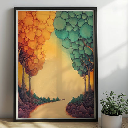 Dekorative Waldszene mit geometrischen Formen, sanften Pastellfarben und reduzierter Tiefe.. Rahmen schwarz 50x70