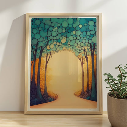 Stilisierte Waldlandschaft in Vektor-Ästhetik mit klaren Linien, Farbflächen und einem modernen Grafik-Look.. Rahmen natur 30x40