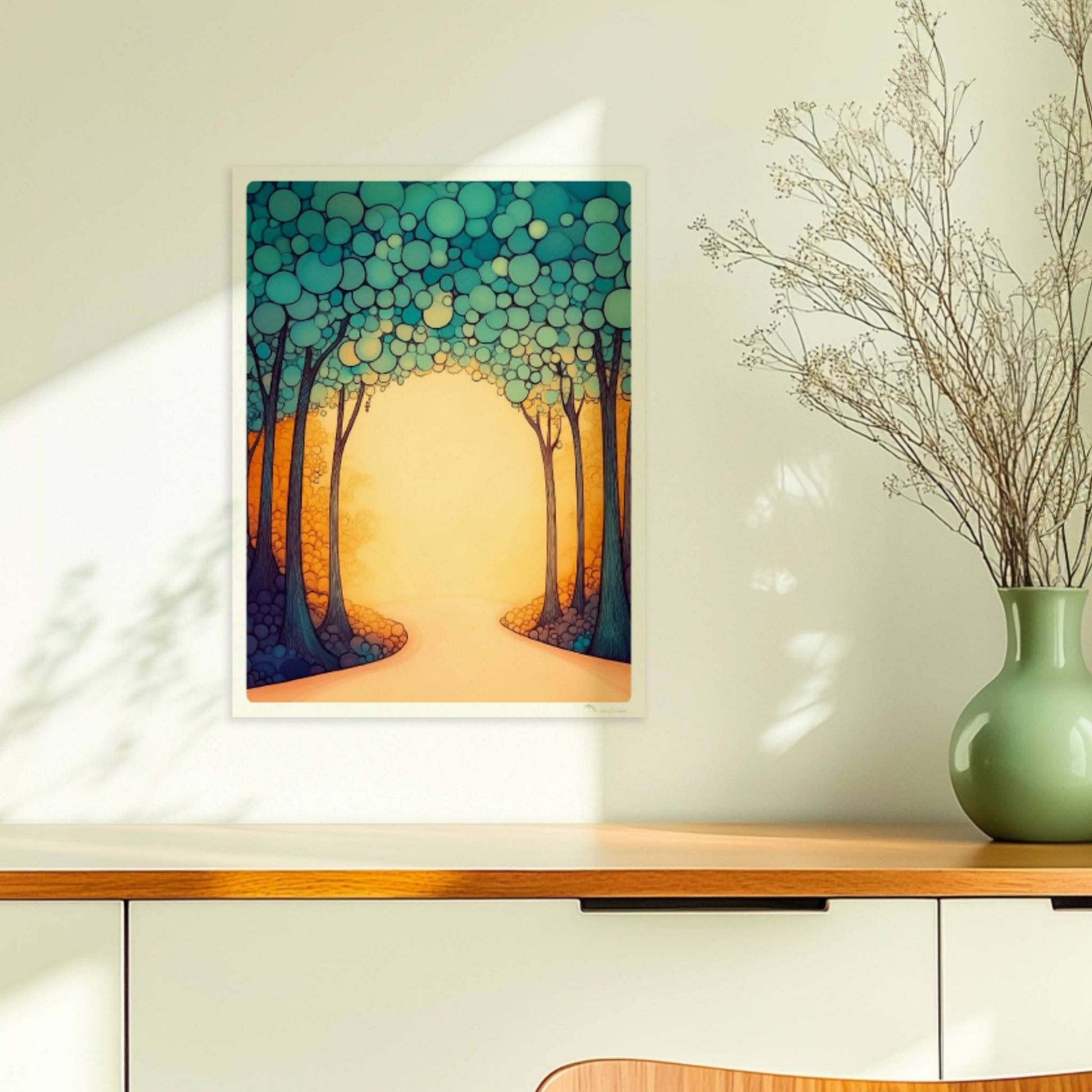 Stilisierte Waldlandschaft in Vektor-Ästhetik mit klaren Linien, Farbflächen und einem modernen Grafik-Look.. Ohne Rahmen 30x40