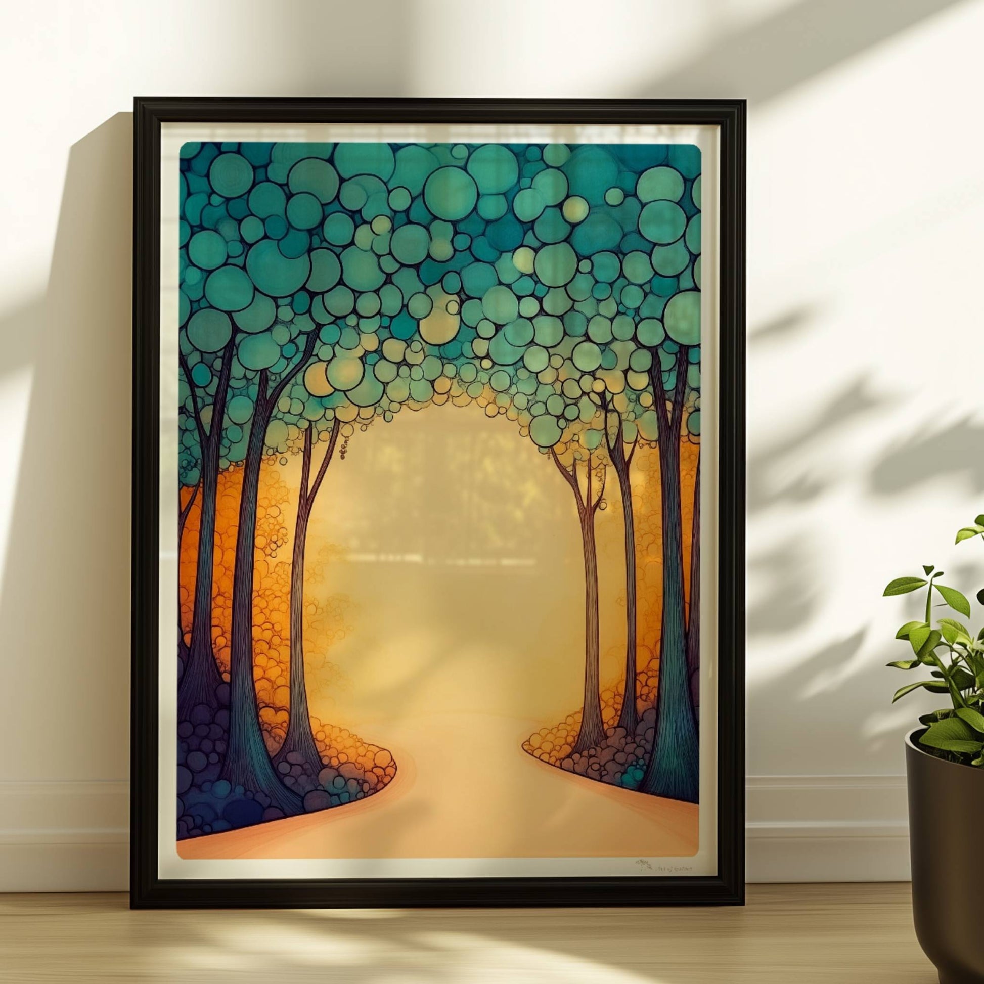 Stilisierte Waldlandschaft in Vektor-Ästhetik mit klaren Linien, Farbflächen und einem modernen Grafik-Look.. Rahmen schwarz 30x40