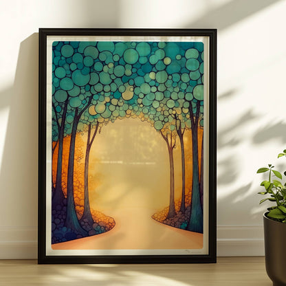 Stilisierte Waldlandschaft in Vektor-Ästhetik mit klaren Linien, Farbflächen und einem modernen Grafik-Look.. Rahmen schwarz 30x40
