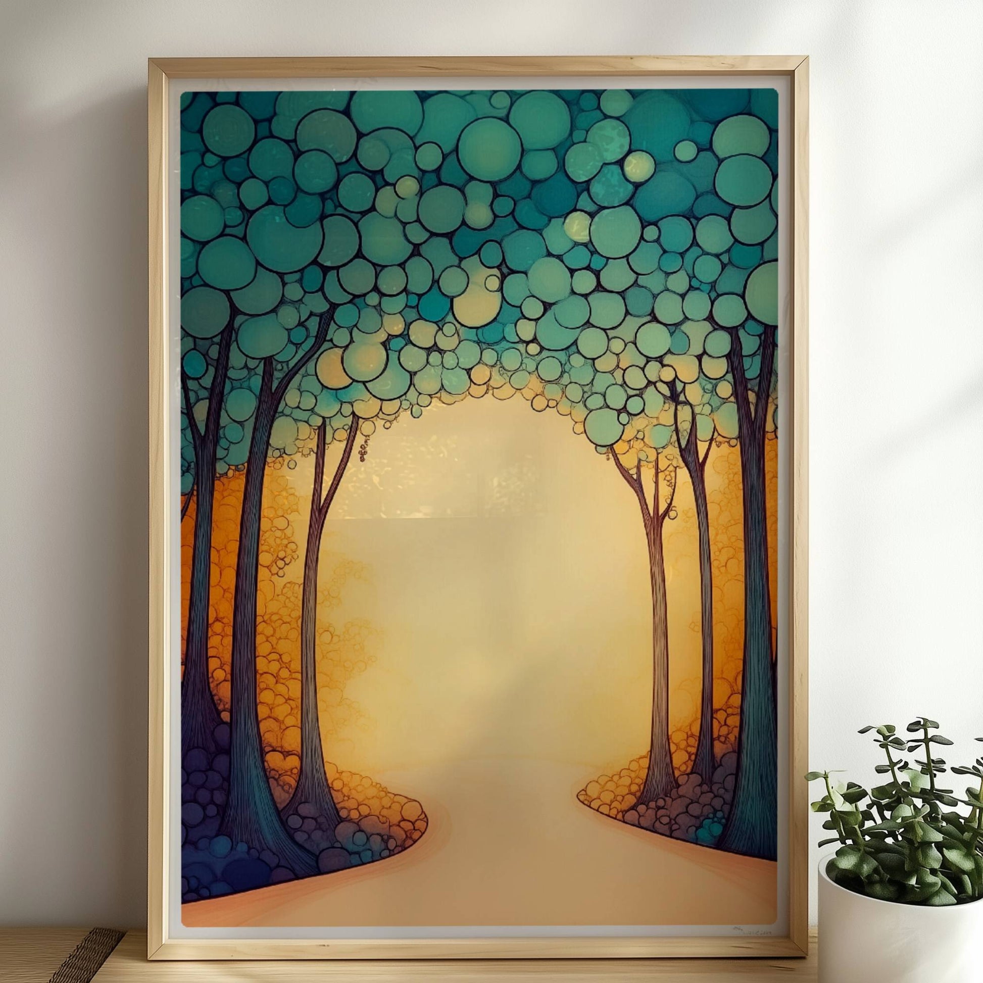 Stilisierte Waldlandschaft in Vektor-Ästhetik mit klaren Linien, Farbflächen und einem modernen Grafik-Look.. Rahmen natur 50x70