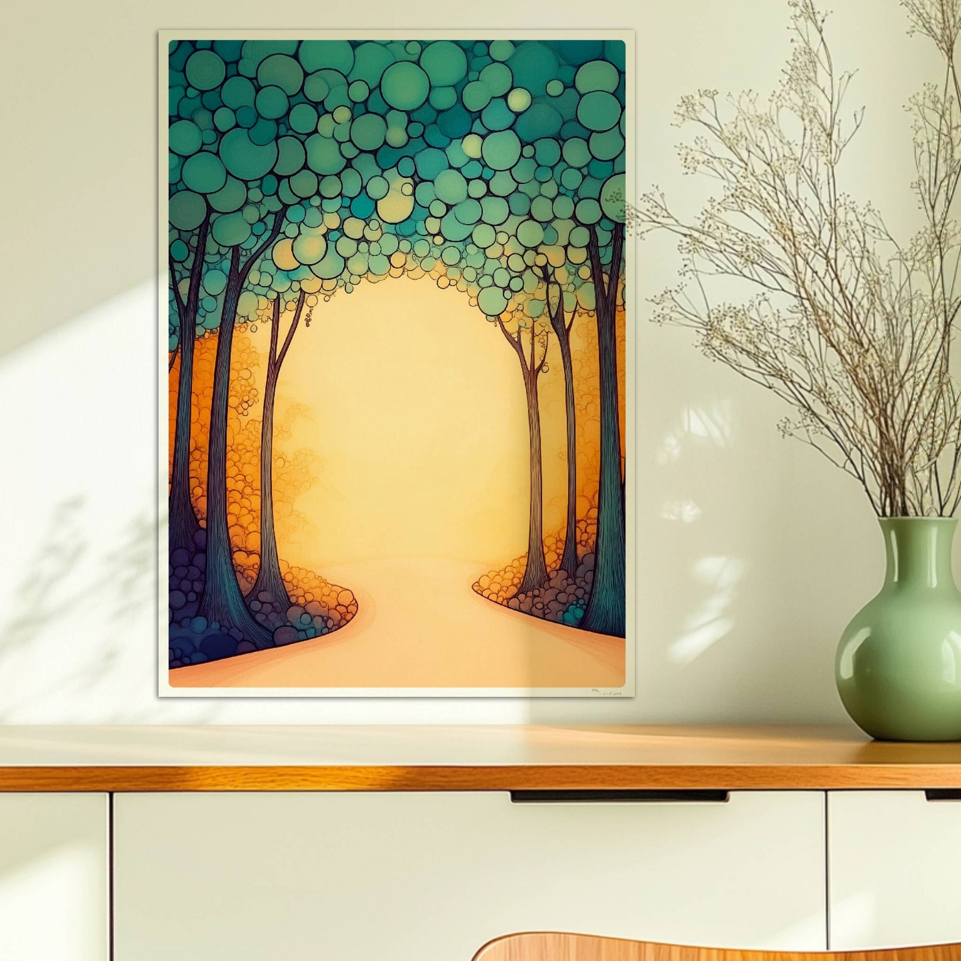 Stilisierte Waldlandschaft in Vektor-Ästhetik mit klaren Linien, Farbflächen und einem modernen Grafik-Look.. Ohne Rahmen 50x70