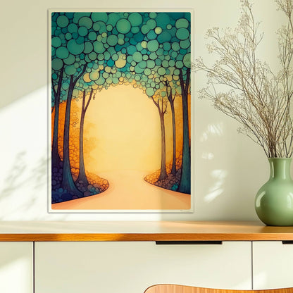 Stilisierte Waldlandschaft in Vektor-Ästhetik mit klaren Linien, Farbflächen und einem modernen Grafik-Look.. Ohne Rahmen 50x70