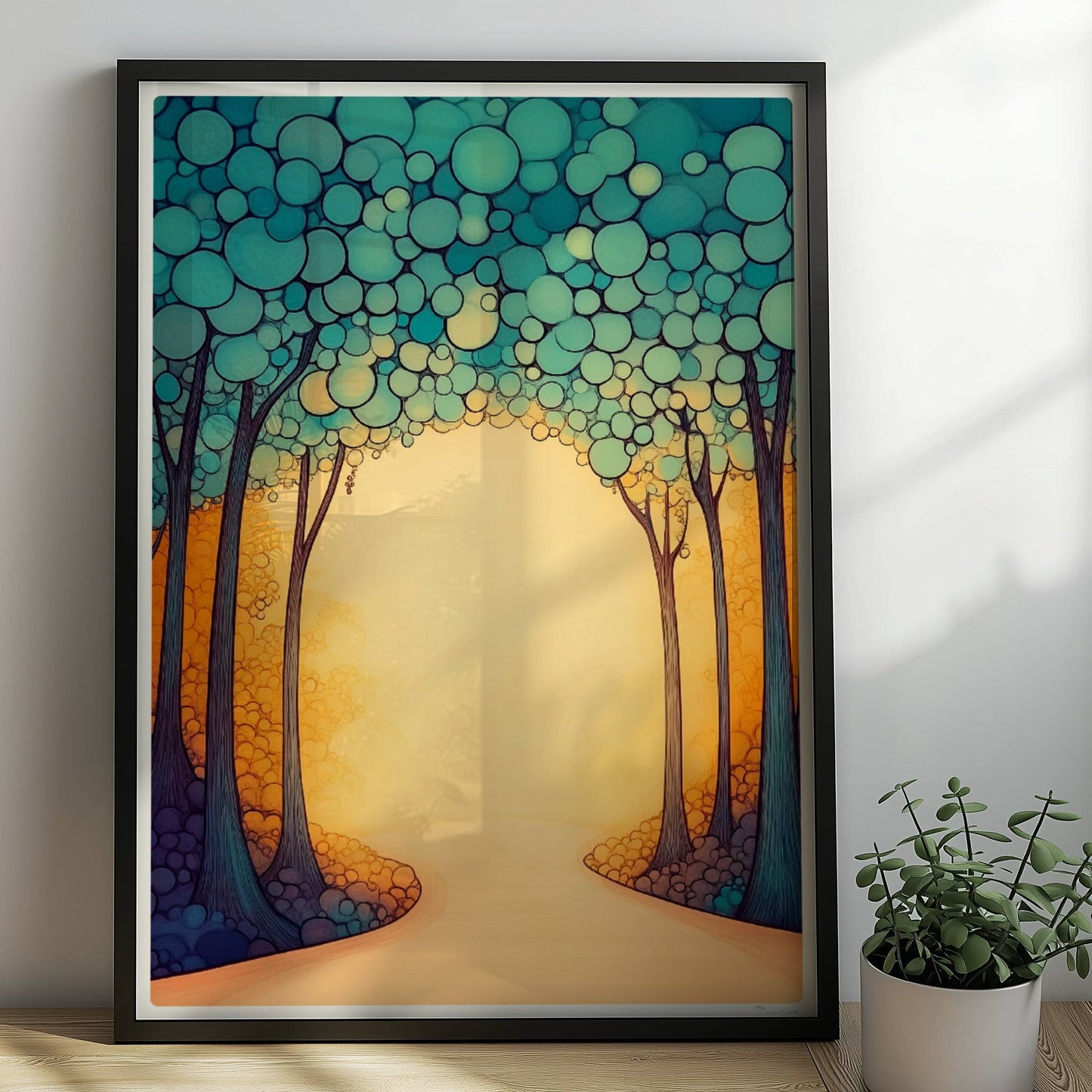 Stilisierte Waldlandschaft in Vektor-Ästhetik mit klaren Linien, Farbflächen und einem modernen Grafik-Look.. Rahmen schwarz 50x70