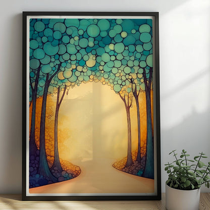 Stilisierte Waldlandschaft in Vektor-Ästhetik mit klaren Linien, Farbflächen und einem modernen Grafik-Look.. Rahmen schwarz 50x70