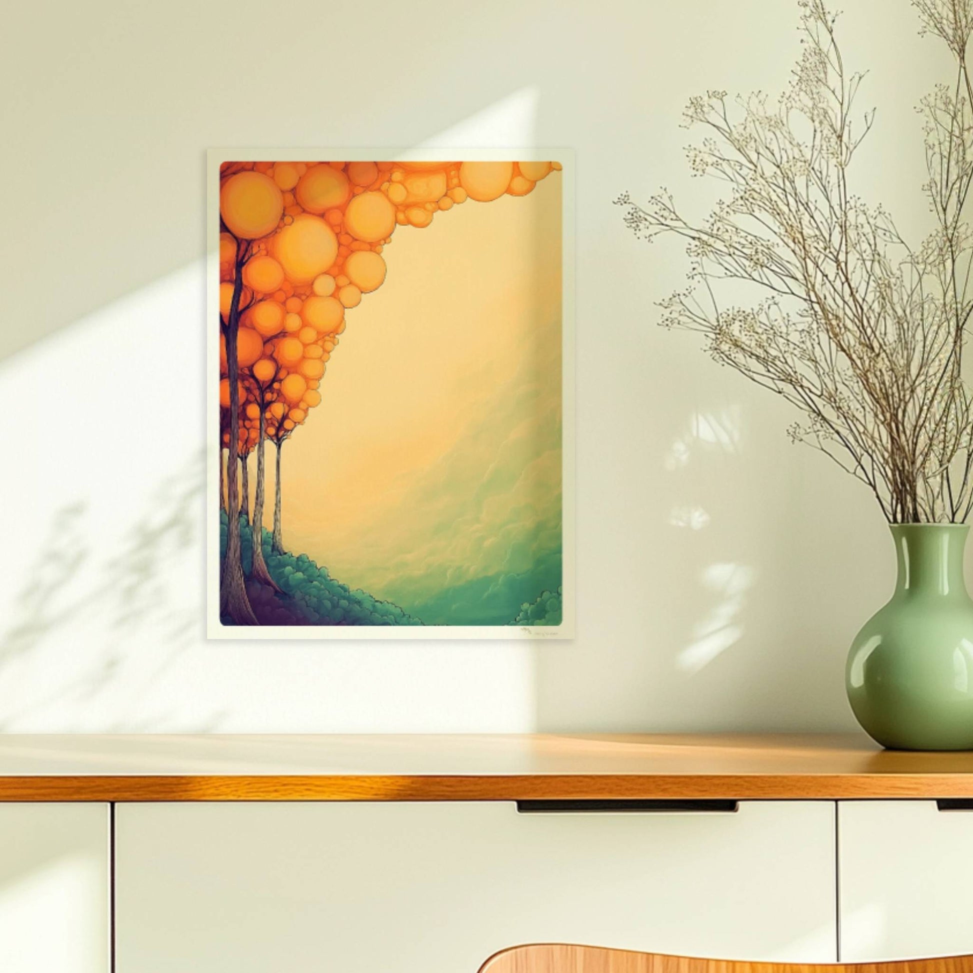 Abstrakte Waldkomposition in weichen Farben mit runden Formen und dekorativer Ornamentik.. Ohne Rahmen 30x40