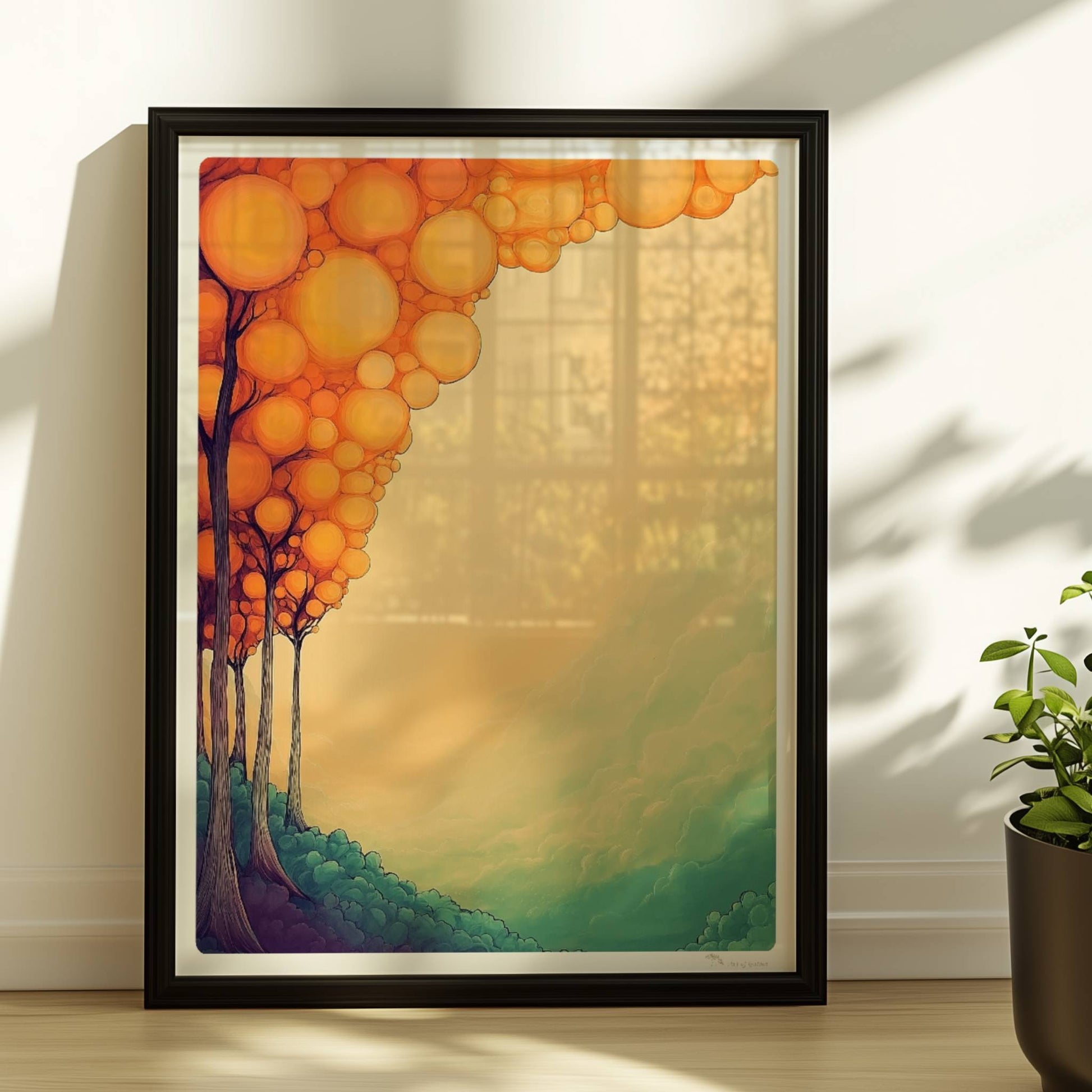 Abstrakte Waldkomposition in weichen Farben mit runden Formen und dekorativer Ornamentik.. Rahmen schwarz 30x40