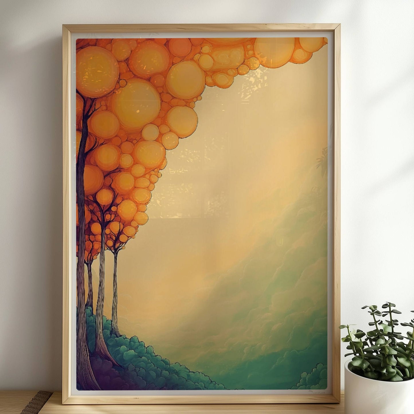 Abstrakte Waldkomposition in weichen Farben mit runden Formen und dekorativer Ornamentik.. Rahmen natur 50x70