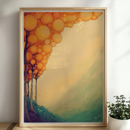 Abstrakte Waldkomposition in weichen Farben mit runden Formen und dekorativer Ornamentik.. Rahmen natur 50x70