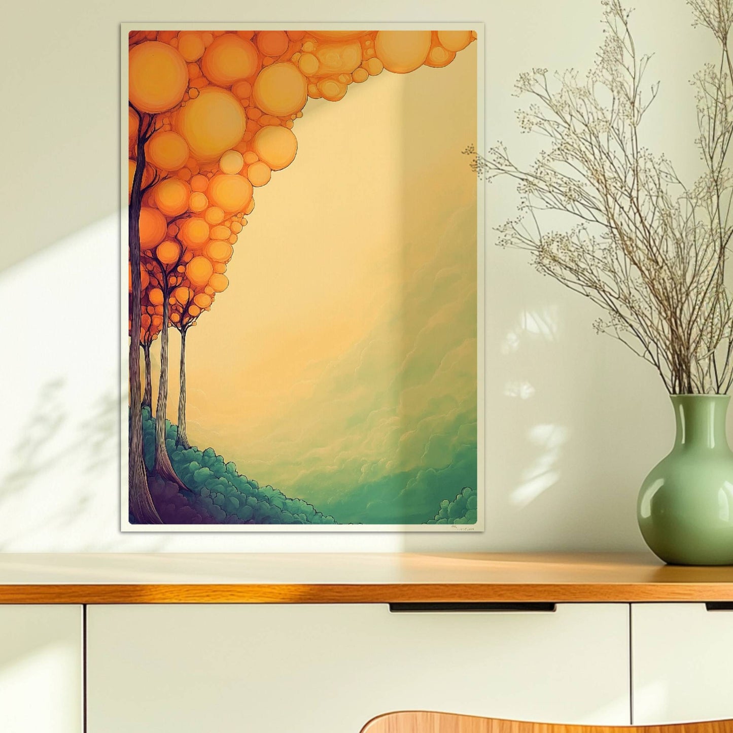 Abstrakte Waldkomposition in weichen Farben mit runden Formen und dekorativer Ornamentik.. Ohne Rahmen 50x70