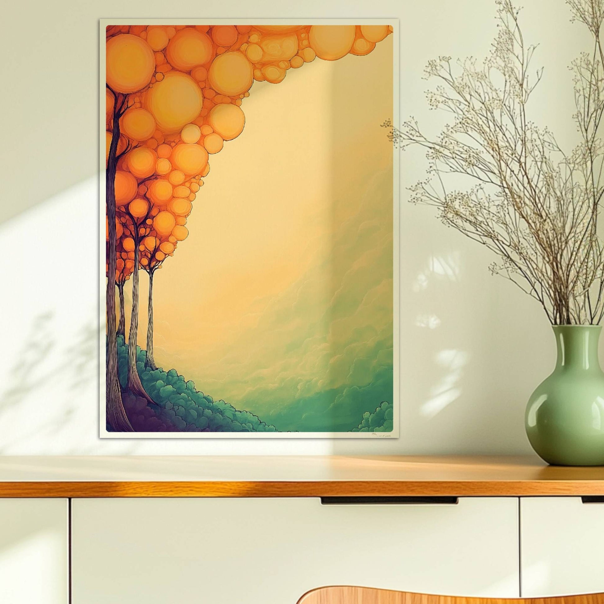 Abstrakte Waldkomposition in weichen Farben mit runden Formen und dekorativer Ornamentik.. Ohne Rahmen 50x70