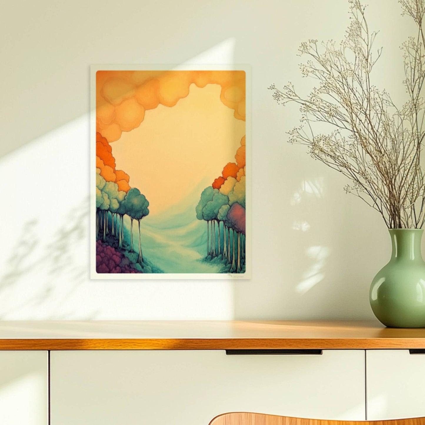 Ornamentale Waldszene mit pastelligen Farbverläufen, stilisierten Baumformen und harmonischer Symmetrie.. Ohne Rahmen 30x40