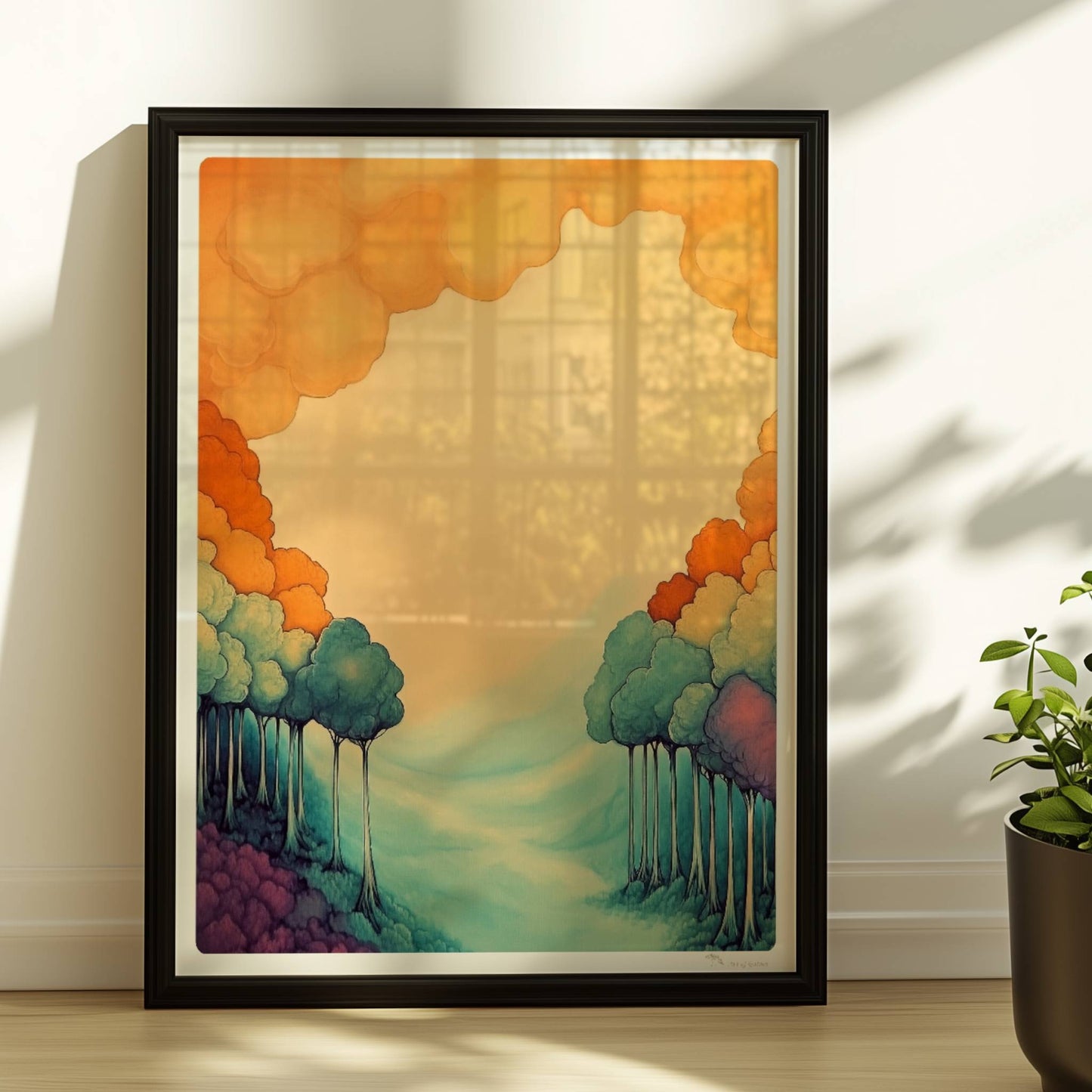 Ornamentale Waldszene mit pastelligen Farbverläufen, stilisierten Baumformen und harmonischer Symmetrie.. Rahmen schwarz 30x40