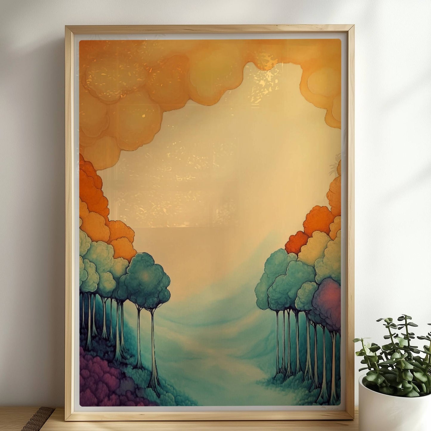 Ornamentale Waldszene mit pastelligen Farbverläufen, stilisierten Baumformen und harmonischer Symmetrie.. Rahmen natur 50x70