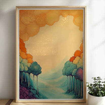 Ornamentale Waldszene mit pastelligen Farbverläufen, stilisierten Baumformen und harmonischer Symmetrie.. Rahmen natur 50x70