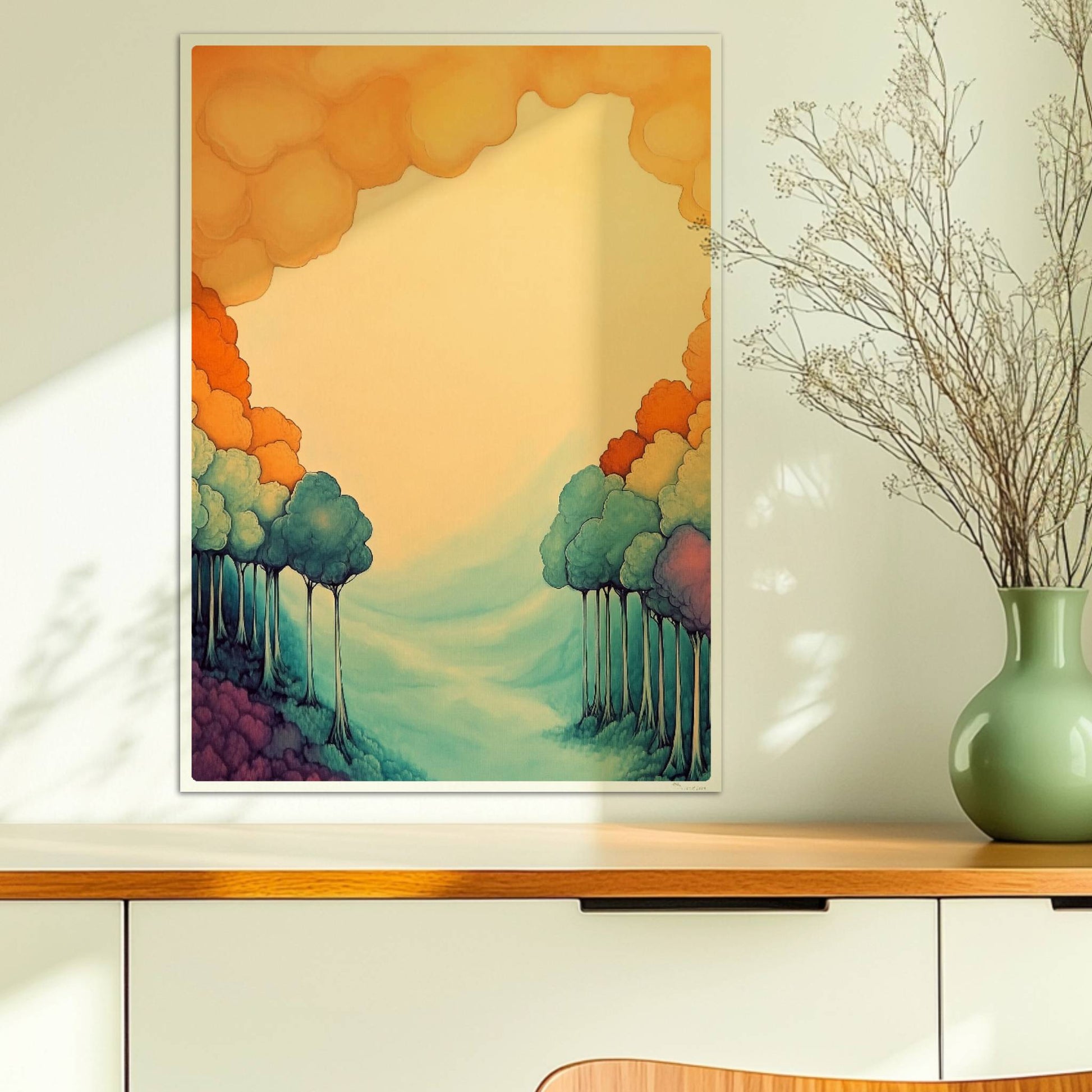 Ornamentale Waldszene mit pastelligen Farbverläufen, stilisierten Baumformen und harmonischer Symmetrie.. Ohne Rahmen 50x70