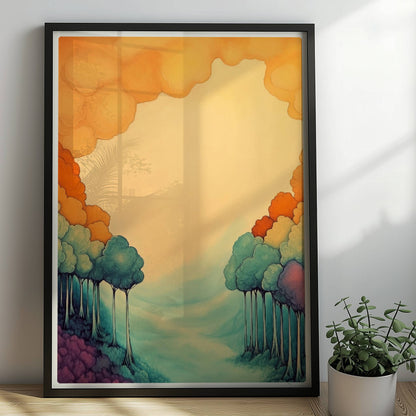 Ornamentale Waldszene mit pastelligen Farbverläufen, stilisierten Baumformen und harmonischer Symmetrie.. Rahmen schwarz 50x70