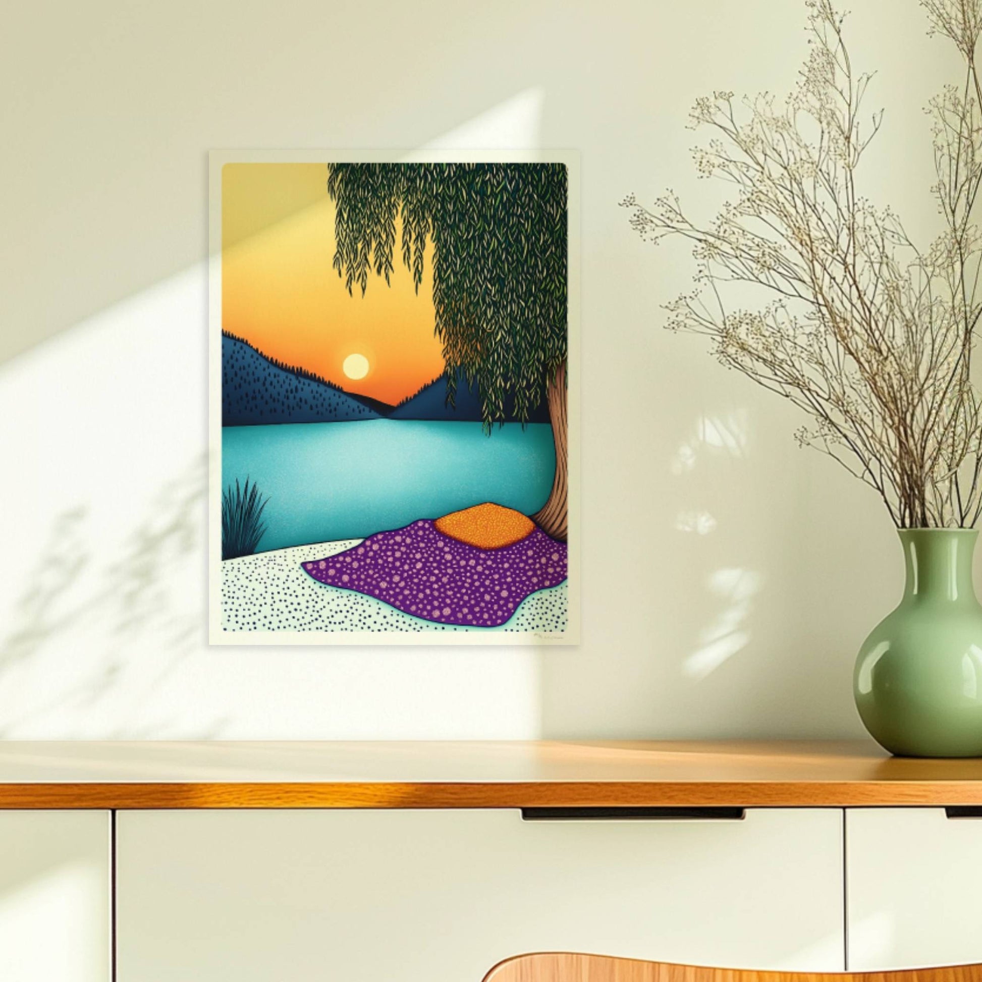 Abendliche Erholung am See mit ruhigem Wasser, warmem Licht und sanftem Himmel im Hintergrund.. Ohne Rahmen 30x40