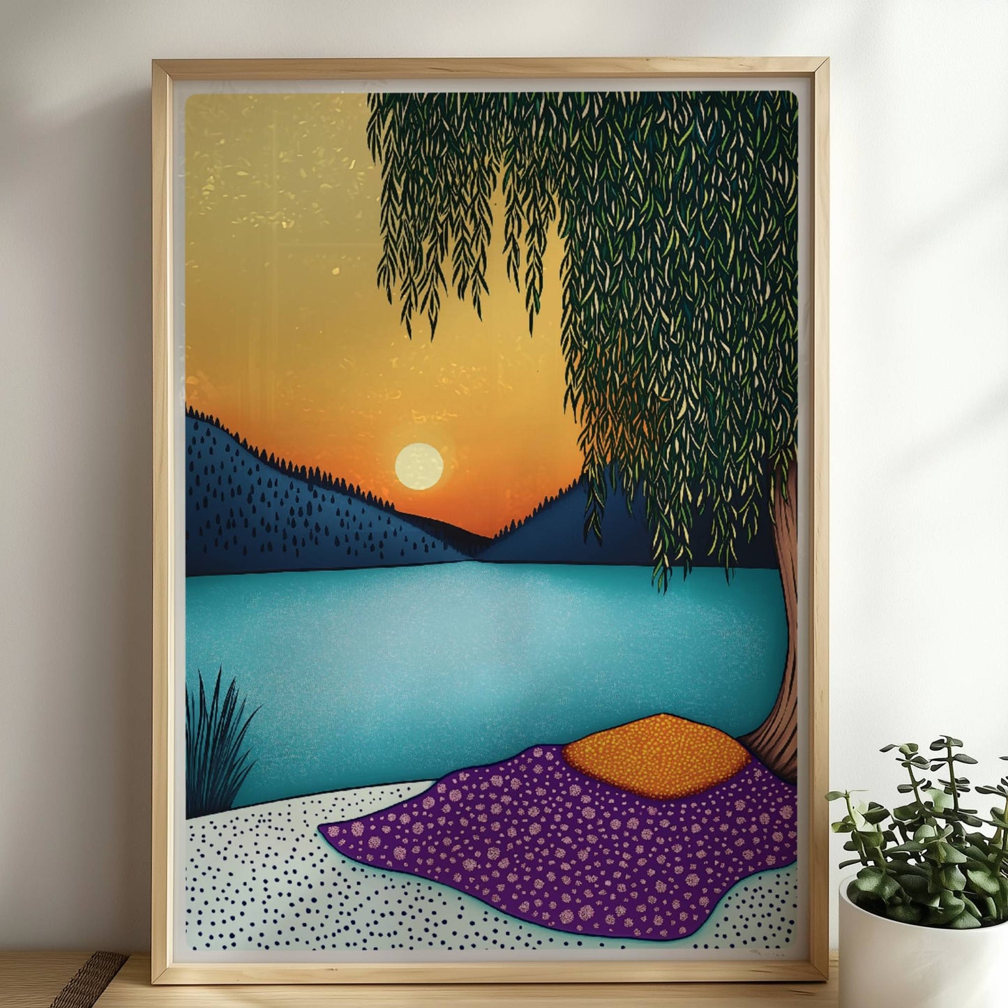 Abendliche Erholung am See mit ruhigem Wasser, warmem Licht und sanftem Himmel im Hintergrund.. Rahmen natur 50x70