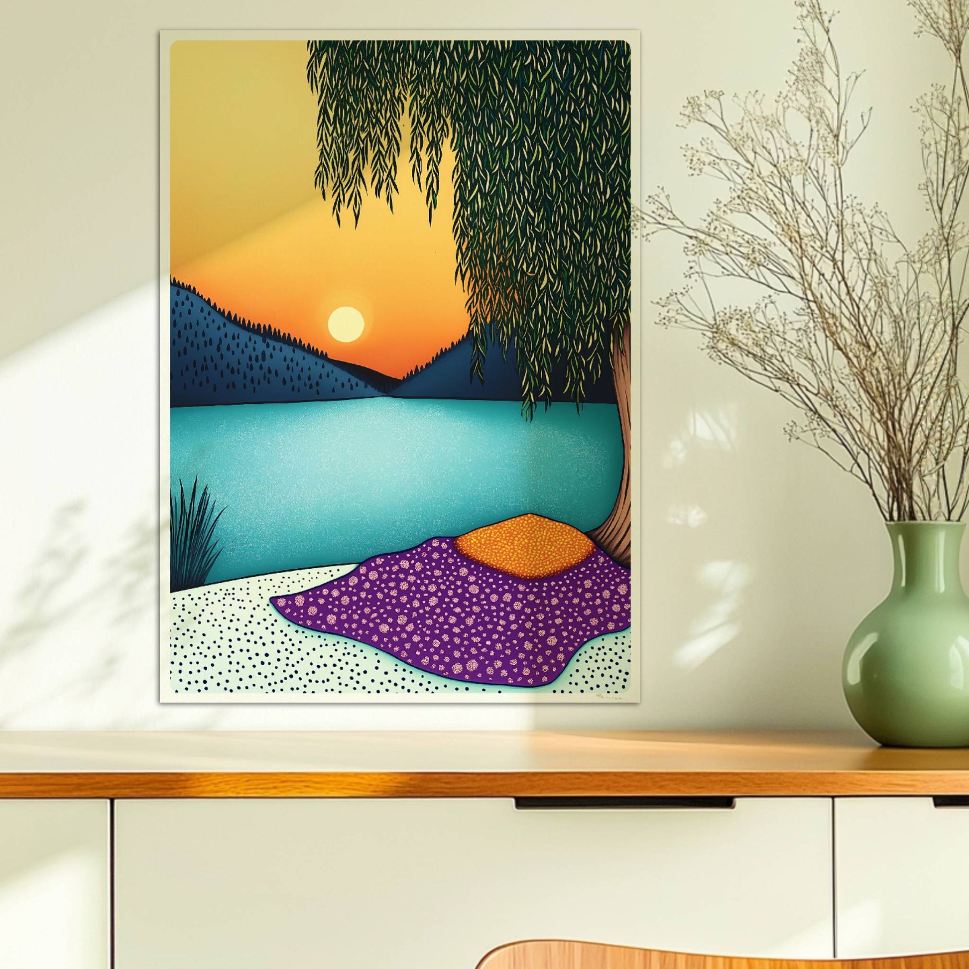 Abendliche Erholung am See mit ruhigem Wasser, warmem Licht und sanftem Himmel im Hintergrund.. Ohne Rahmen 50x70