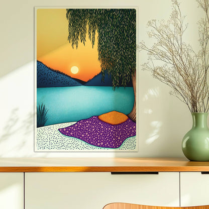 Abendliche Erholung am See mit ruhigem Wasser, warmem Licht und sanftem Himmel im Hintergrund.. Ohne Rahmen 50x70
