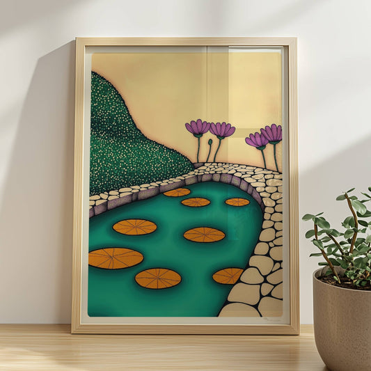 Steinweg durch den Seerosenteich mit grünen Blättern und weißen Seerosen, ruhige Wasseroberfläche.. Rahmen natur 30x40