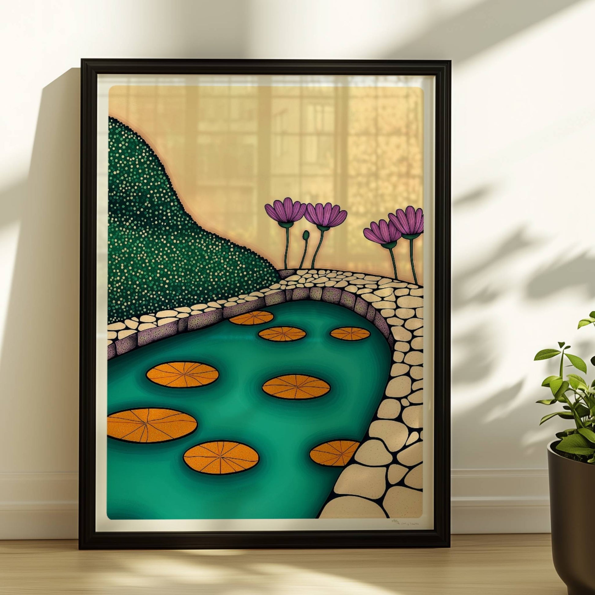 Steinweg durch den Seerosenteich mit grünen Blättern und weißen Seerosen, ruhige Wasseroberfläche.. Rahmen schwarz 30x40