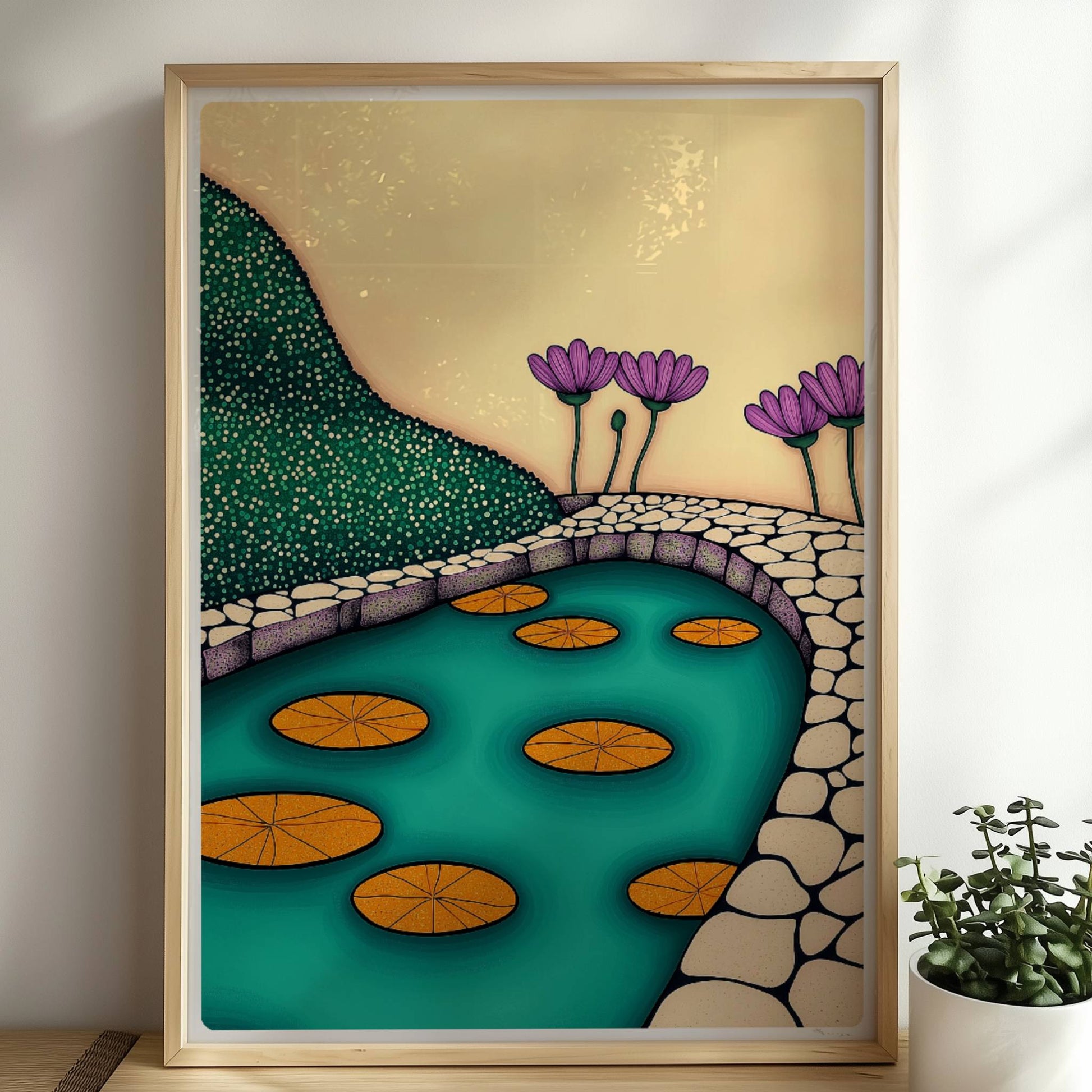 Steinweg durch den Seerosenteich mit grünen Blättern und weißen Seerosen, ruhige Wasseroberfläche.. Rahmen natur 50x70