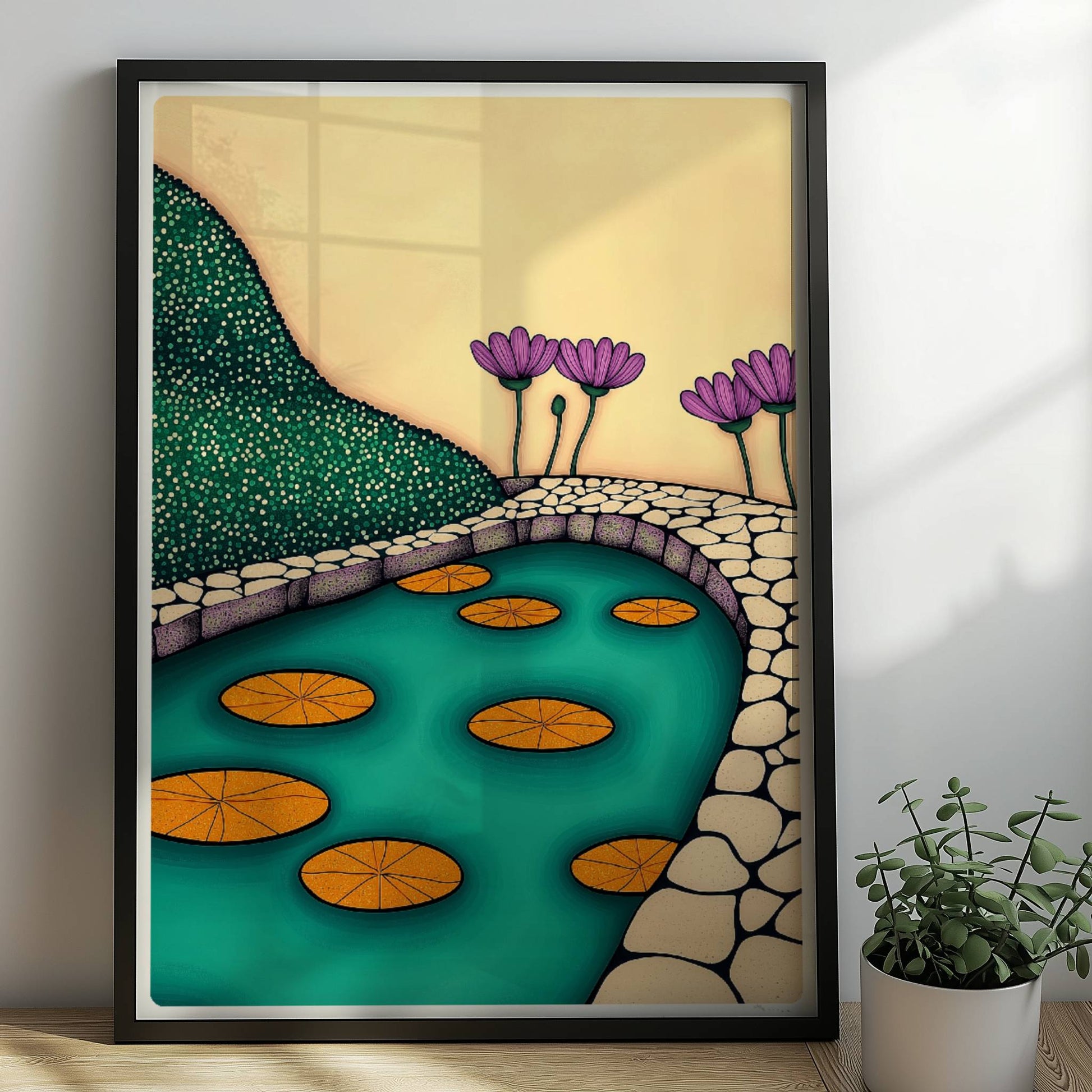 Steinweg durch den Seerosenteich mit grünen Blättern und weißen Seerosen, ruhige Wasseroberfläche.. Rahmen schwarz 50x70