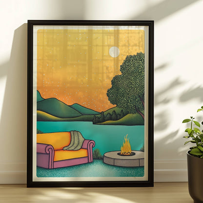 Lagerfeuer in der Abenddämmerung inmitten einer ruhigen Waldlandschaft mit weichem Licht und warmen Farben.. Rahmen schwarz 30x40