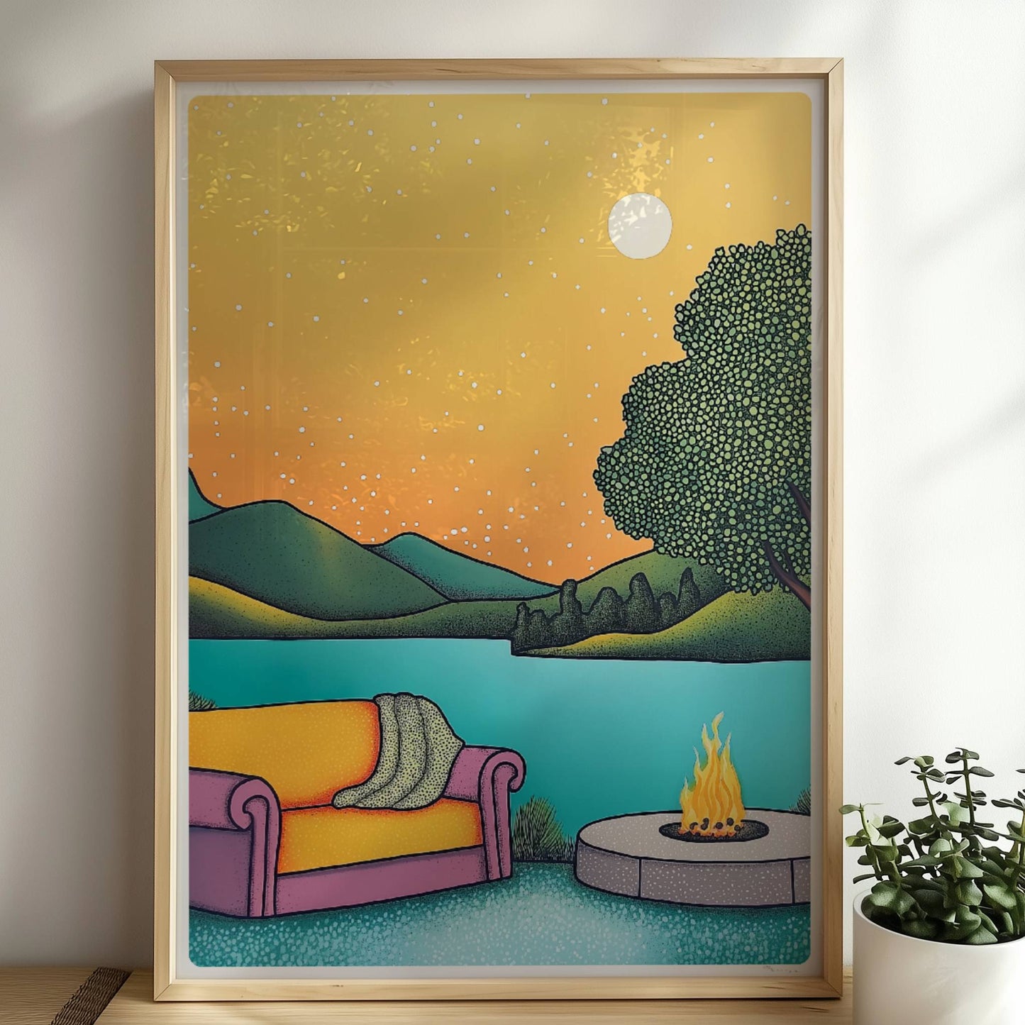 Lagerfeuer in der Abenddämmerung inmitten einer ruhigen Waldlandschaft mit weichem Licht und warmen Farben.. Rahmen natur 50x70