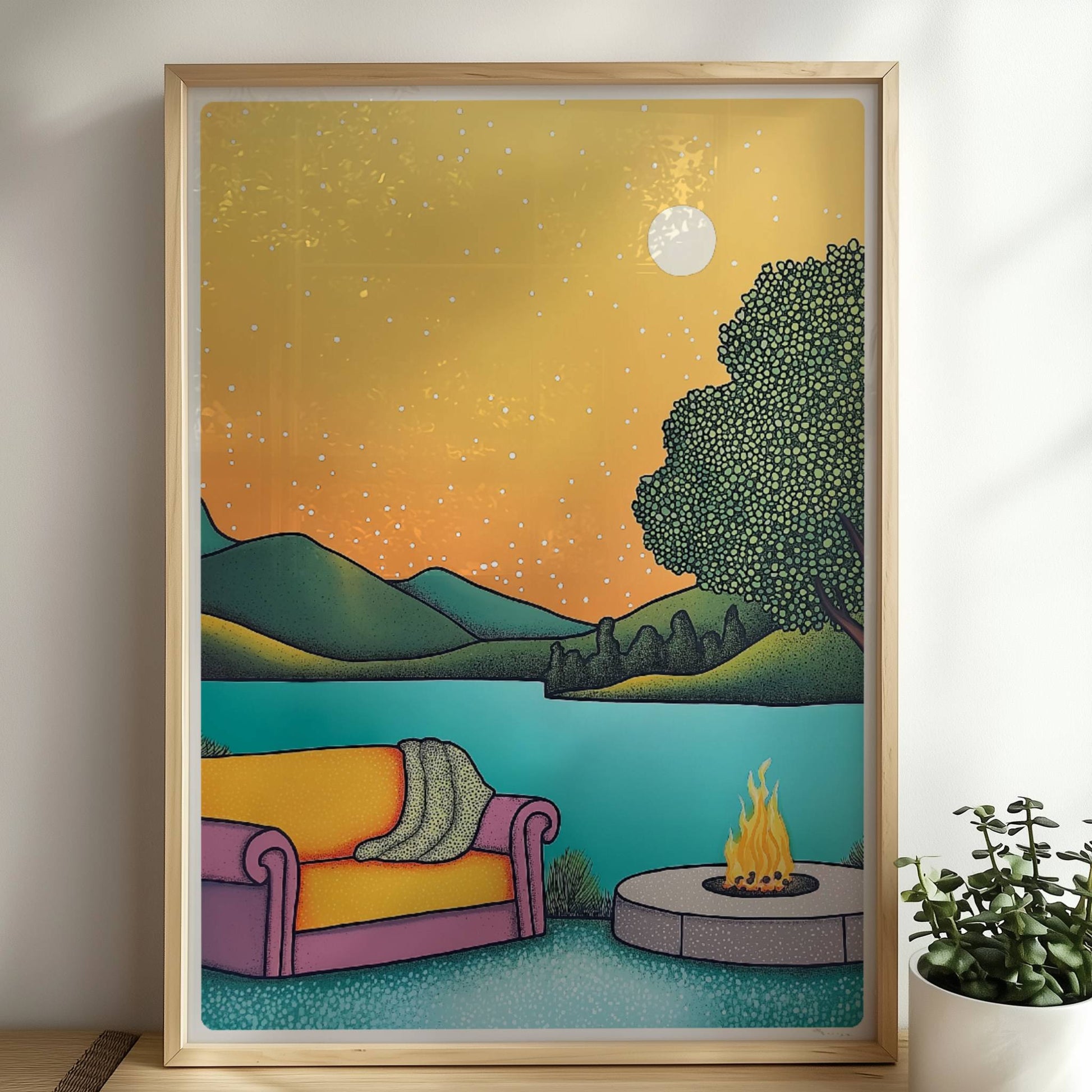 Lagerfeuer in der Abenddämmerung inmitten einer ruhigen Waldlandschaft mit weichem Licht und warmen Farben.. Rahmen natur 50x70