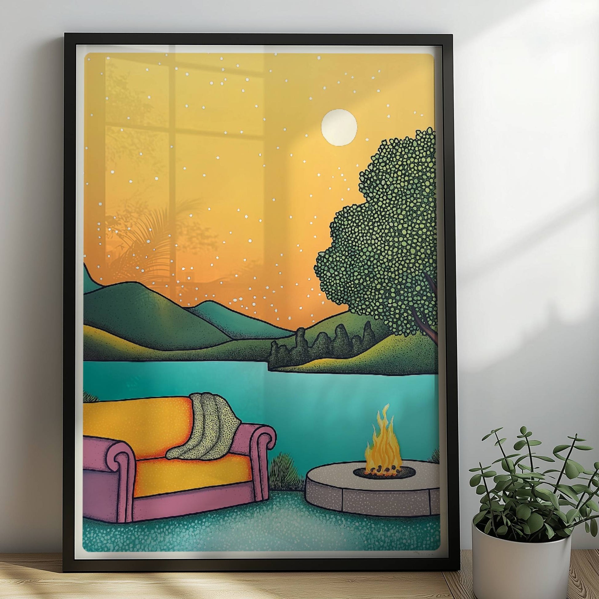 Lagerfeuer in der Abenddämmerung inmitten einer ruhigen Waldlandschaft mit weichem Licht und warmen Farben.. Rahmen schwarz 50x70
