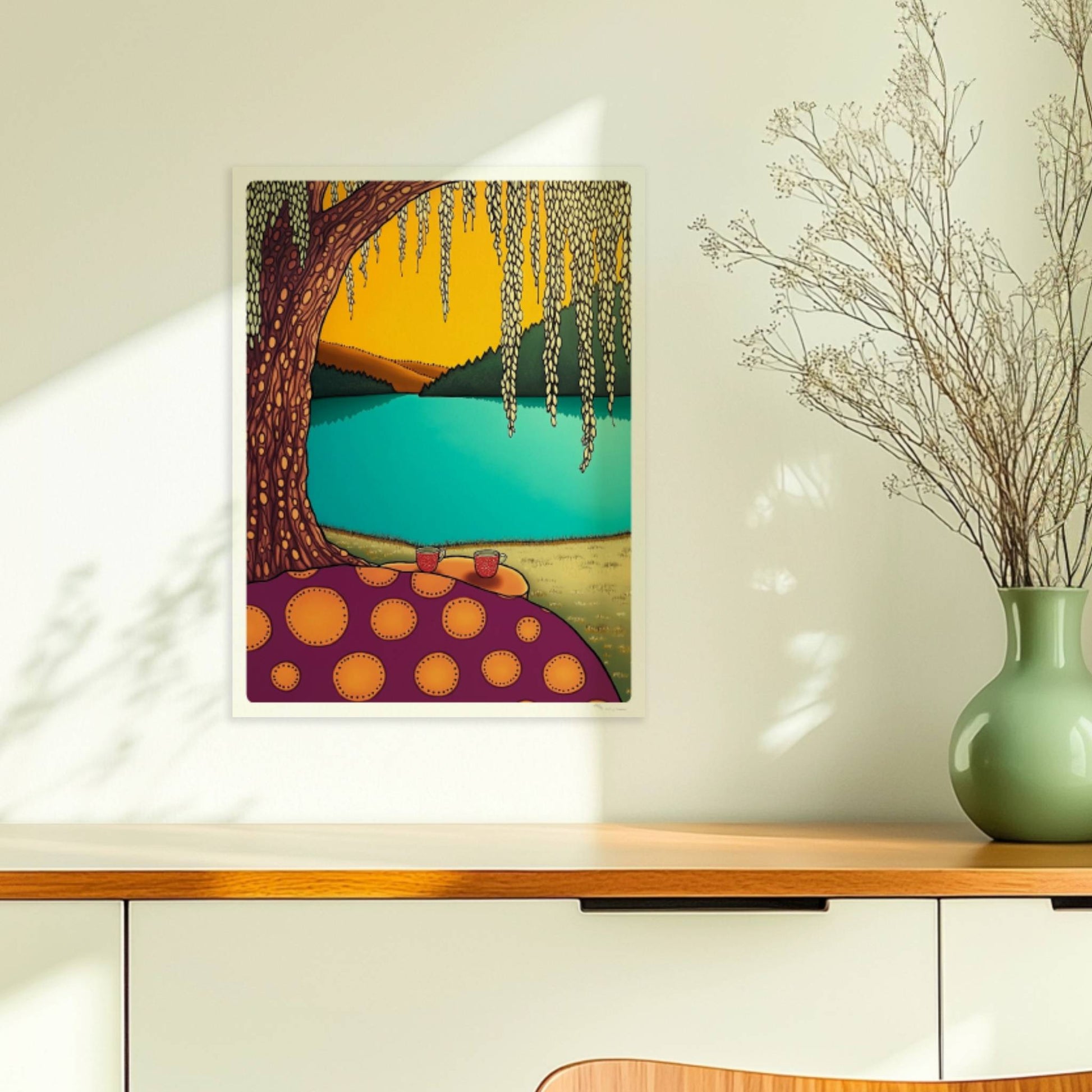 Picknick am See mit ruhigem Wasser und natürlicher Uferlandschaft, sonniger Himmel und friedliche Atmosphäre.. Ohne Rahmen 30x40