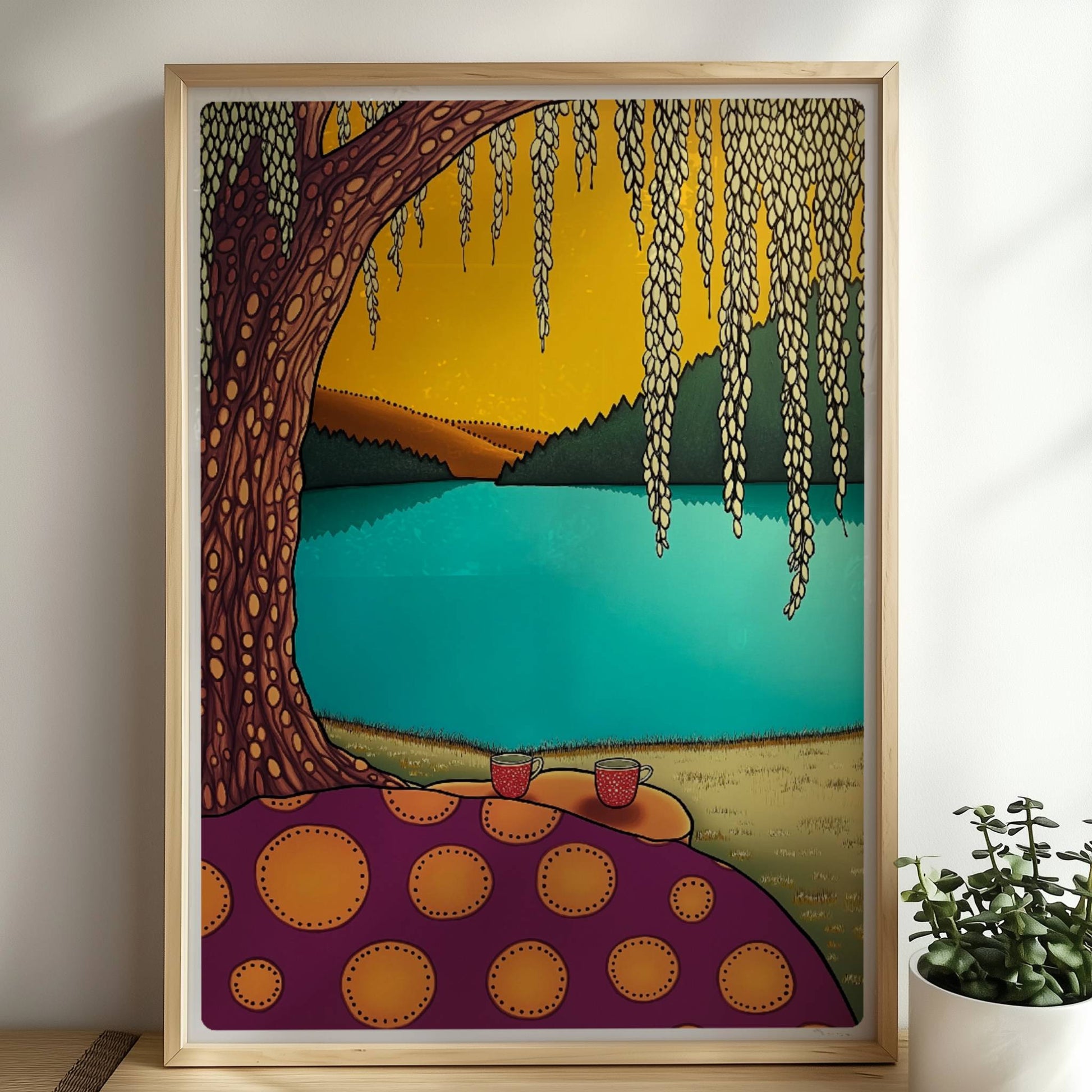 Picknick am See mit ruhigem Wasser und natürlicher Uferlandschaft, sonniger Himmel und friedliche Atmosphäre.. Rahmen natur 50x70