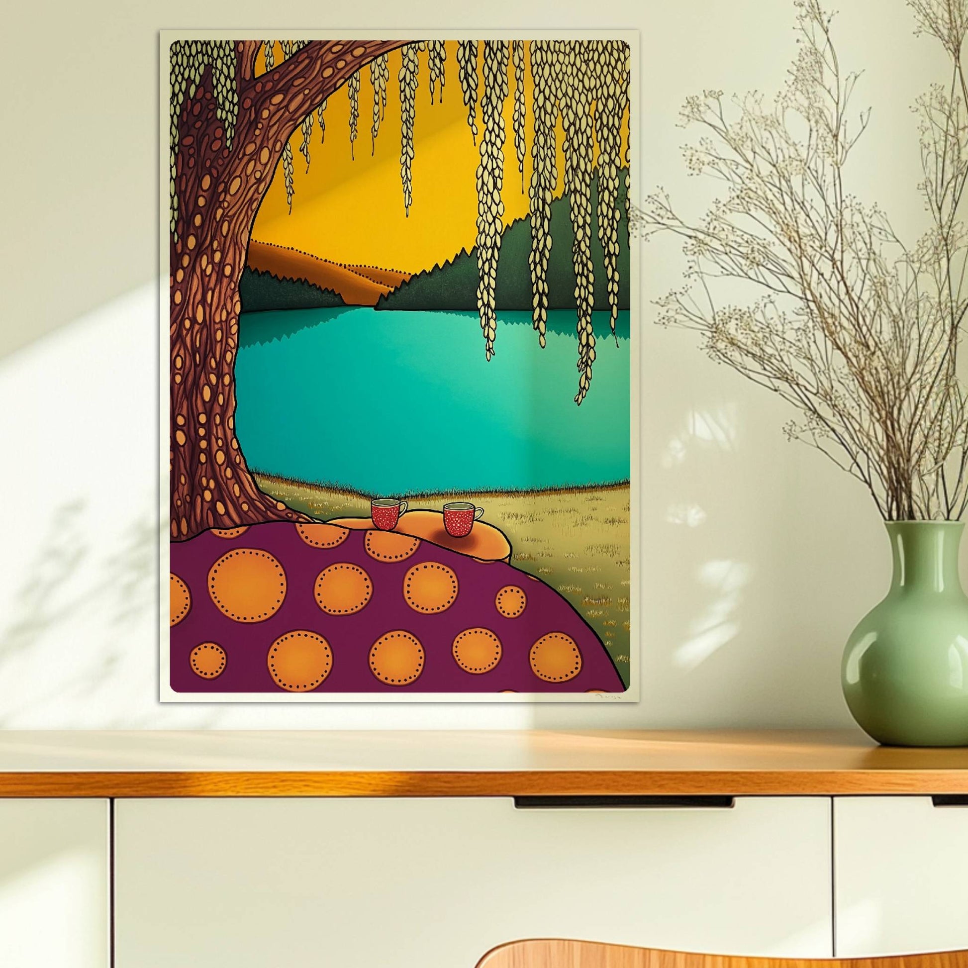 Picknick am See mit ruhigem Wasser und natürlicher Uferlandschaft, sonniger Himmel und friedliche Atmosphäre.. Ohne Rahmen 50x70