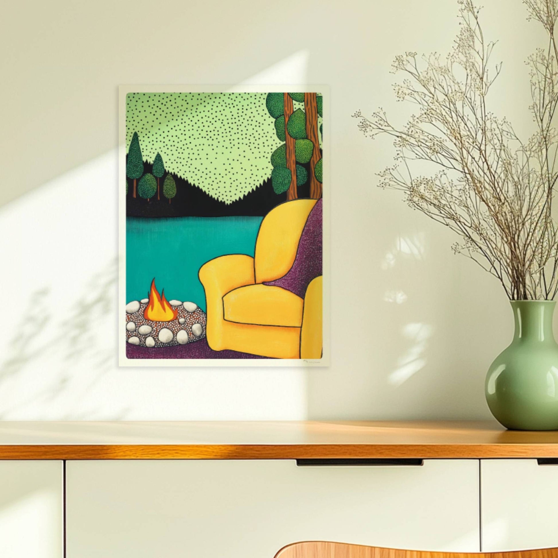 Sessel mit Blick auf die Berge und ruhiges Tal bei Sonnenuntergang, friedliche und entspannende Naturkulisse.. Ohne Rahmen 30x40