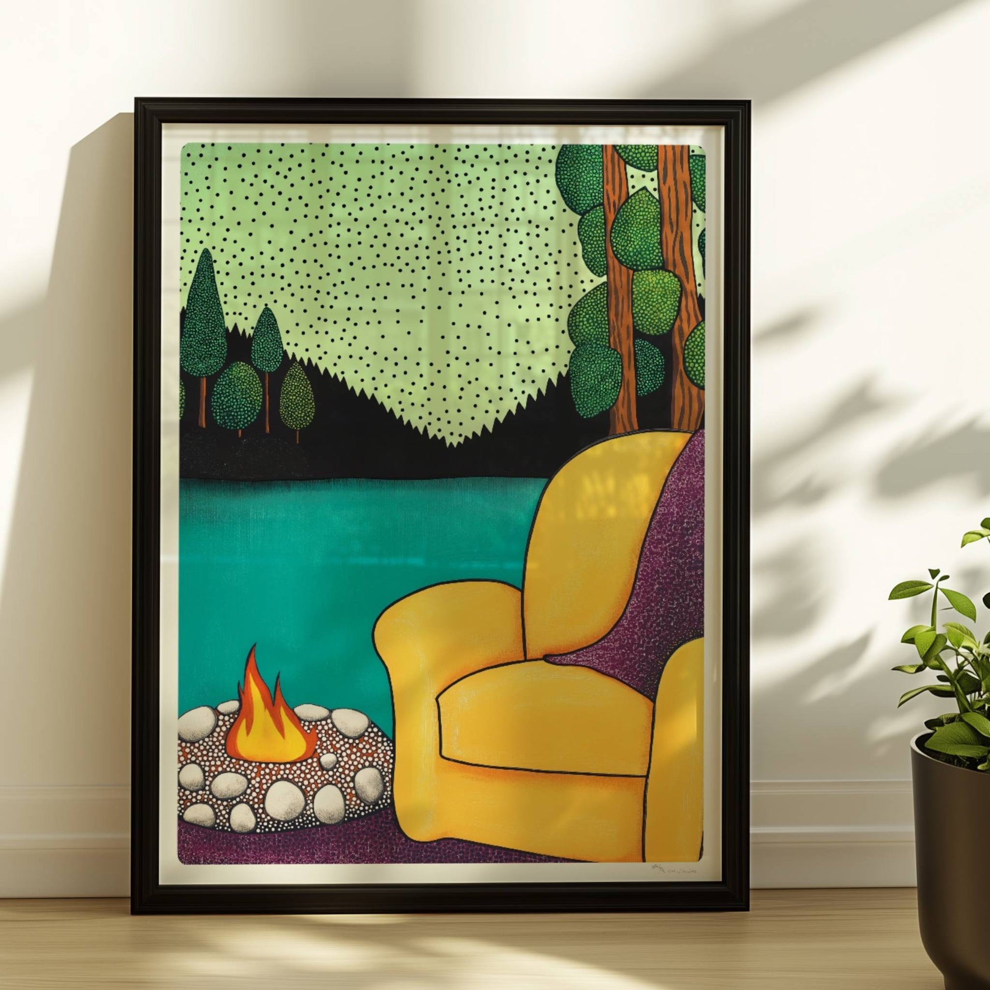 Sessel mit Blick auf die Berge und ruhiges Tal bei Sonnenuntergang, friedliche und entspannende Naturkulisse.. Rahmen schwarz 30x40