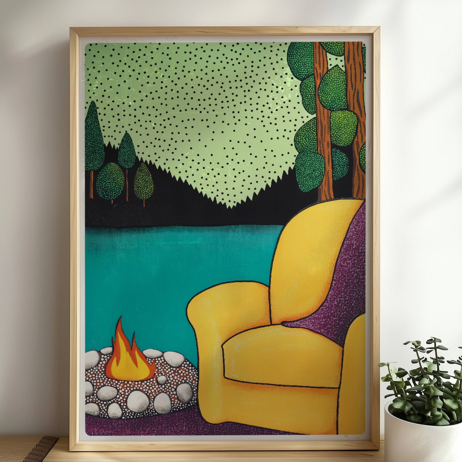 Sessel mit Blick auf die Berge und ruhiges Tal bei Sonnenuntergang, friedliche und entspannende Naturkulisse.. Rahmen natur 50x70