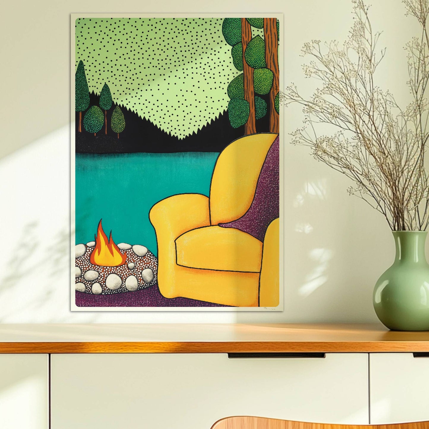 Sessel mit Blick auf die Berge und ruhiges Tal bei Sonnenuntergang, friedliche und entspannende Naturkulisse.. Ohne Rahmen 50x70